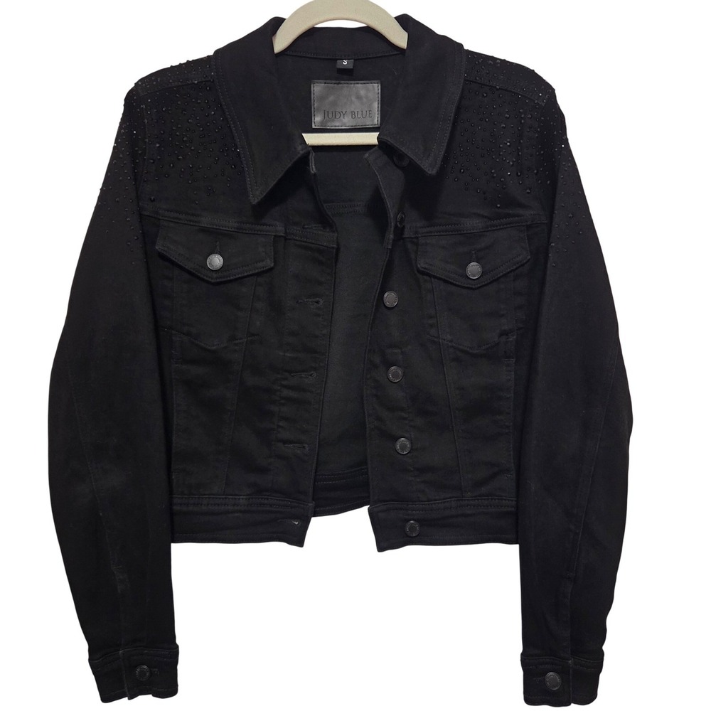 JUDY BLUE Black‎ Denim Jacket Women Size S Rhinestone Studded Embellished